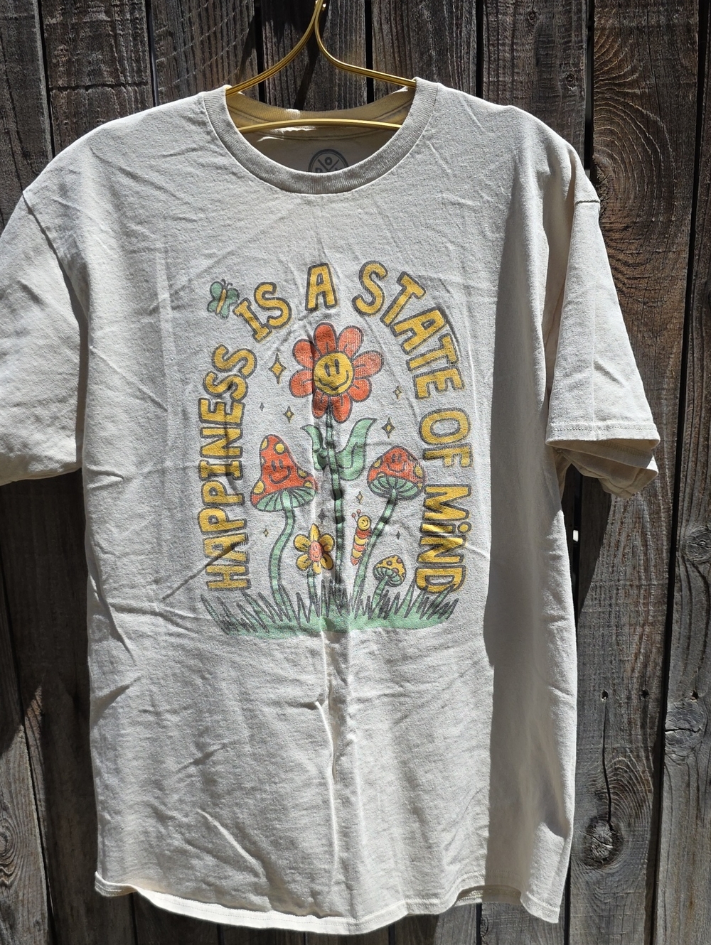 Happiness Is a State of Mind Mushroomโ Flower Graphic Tee - Beige 100% Cotton